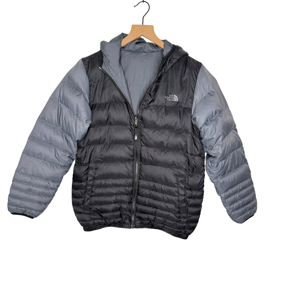 The North Face Reversible Puffer Jacket Kids L Black Grey 550 Down Hooded Coat